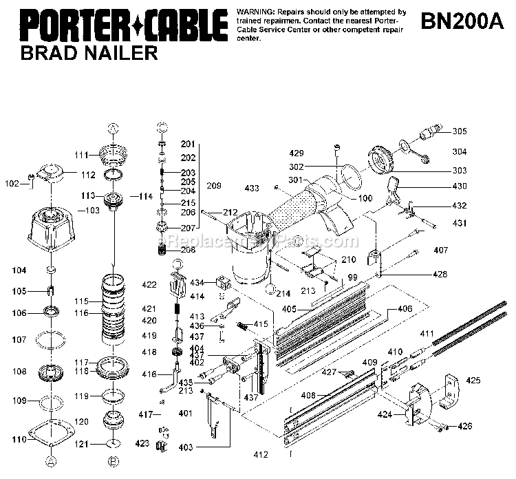 Porter Cable BN200A (Type 1) Finish Nailer Power Tool Page A Diagram